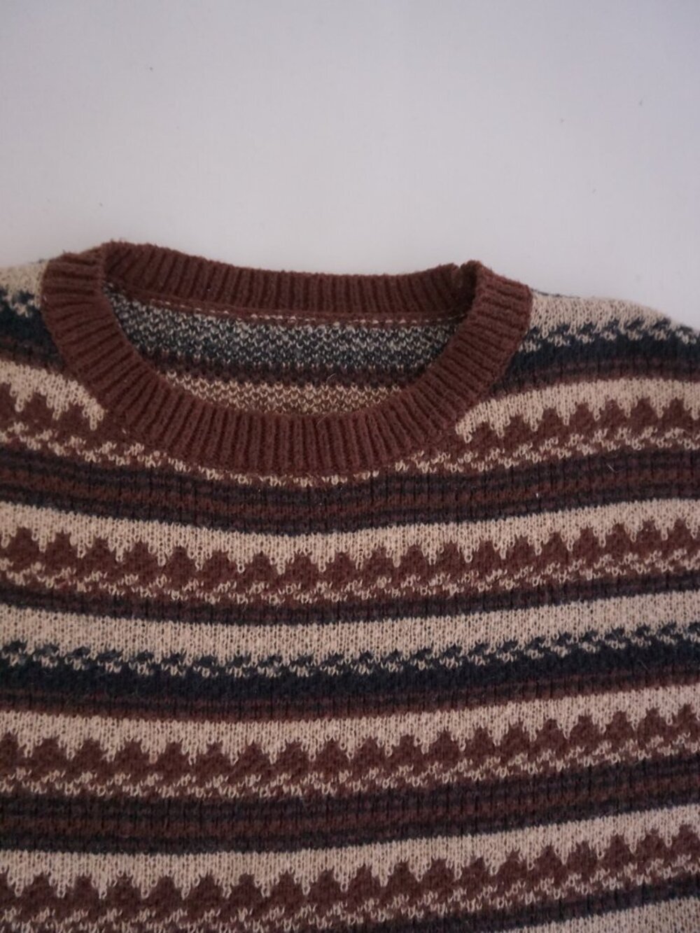 Vintage Brown Cream Nordic Fair Isle Stripe Fisherman Cabin Knit Sweater L - Picture 10 of 10